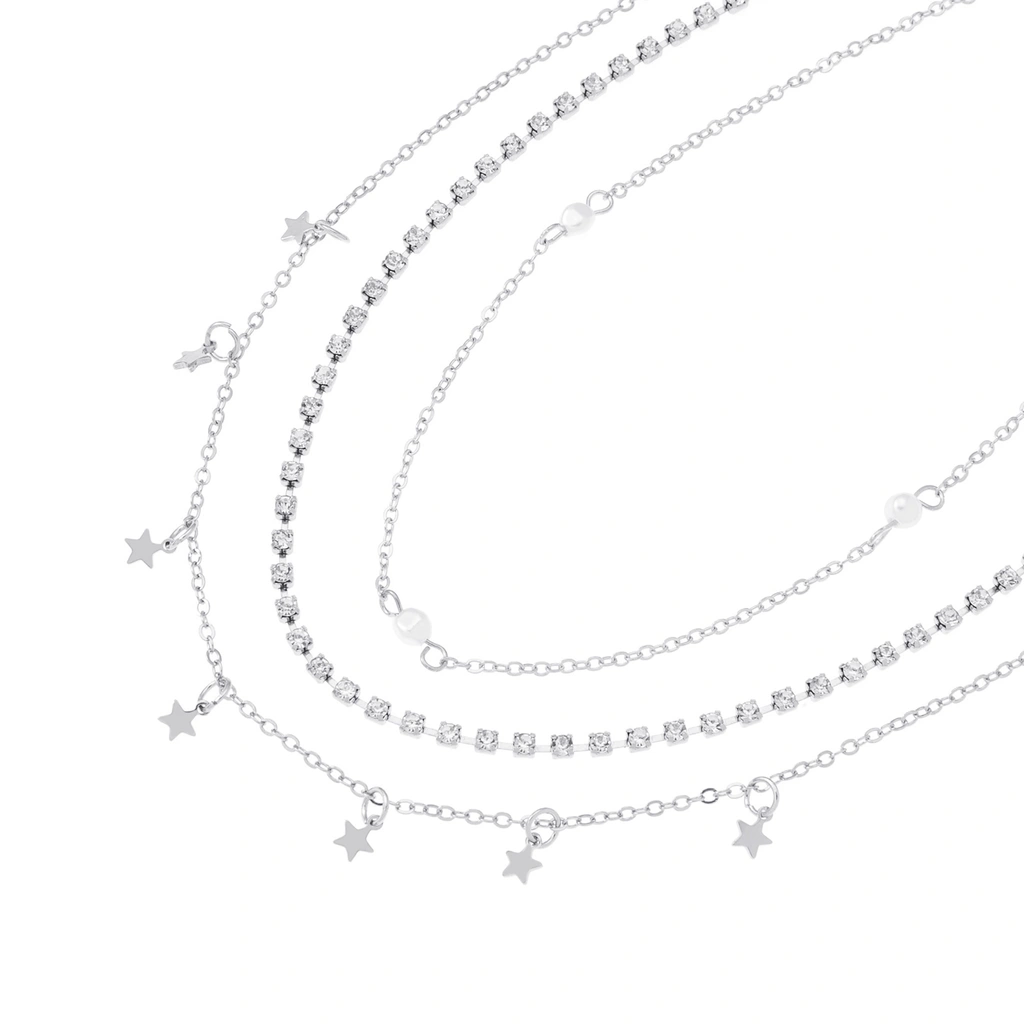 Silverfärgat halsband, 3-pack choker med stjärnor - 32+7 cm