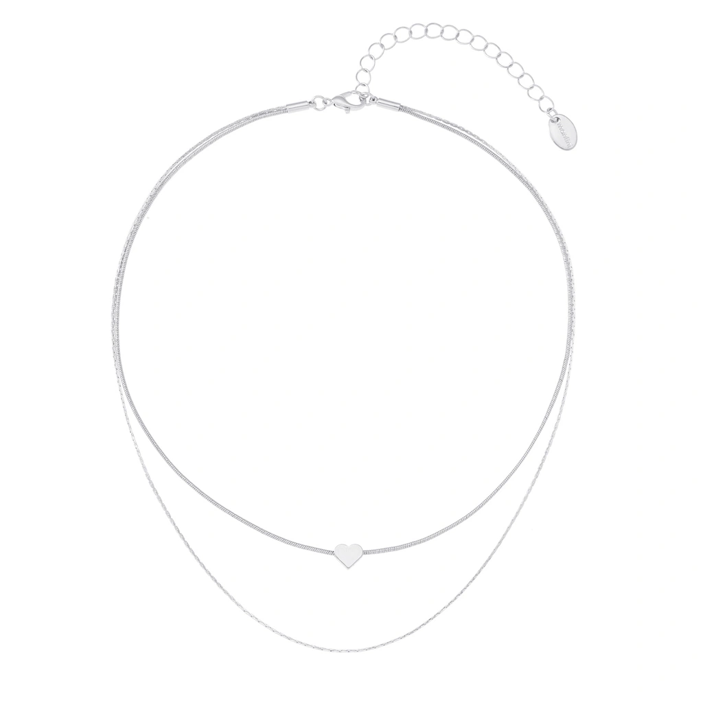 Silverfärgat halsband, 2 rader ormkedja med hjärta - 42+7 cm