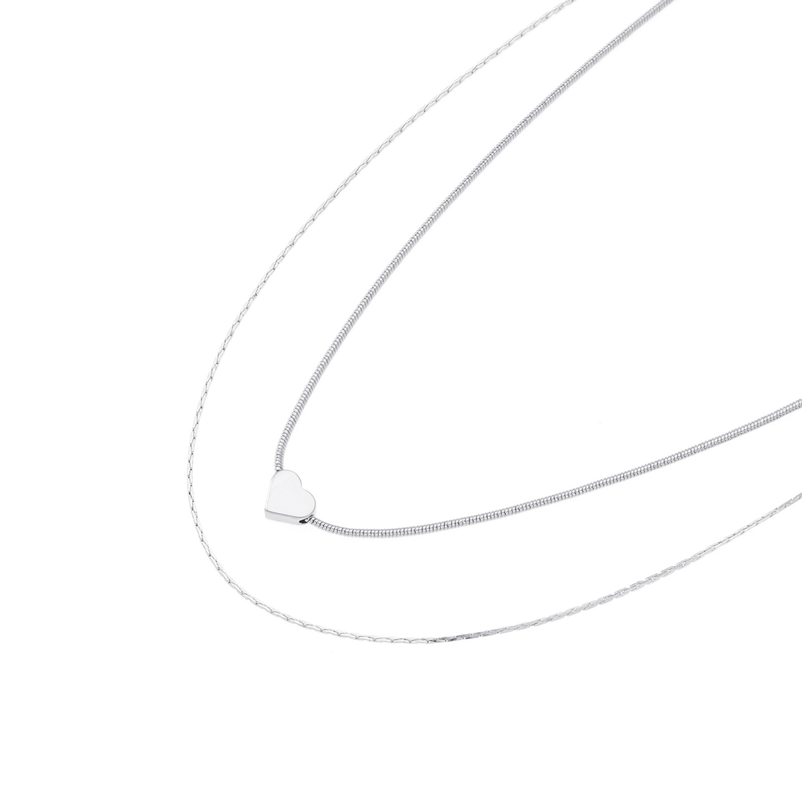 Silverfärgat halsband, 2 rader ormkedja med hjärta - 42+7 cm
