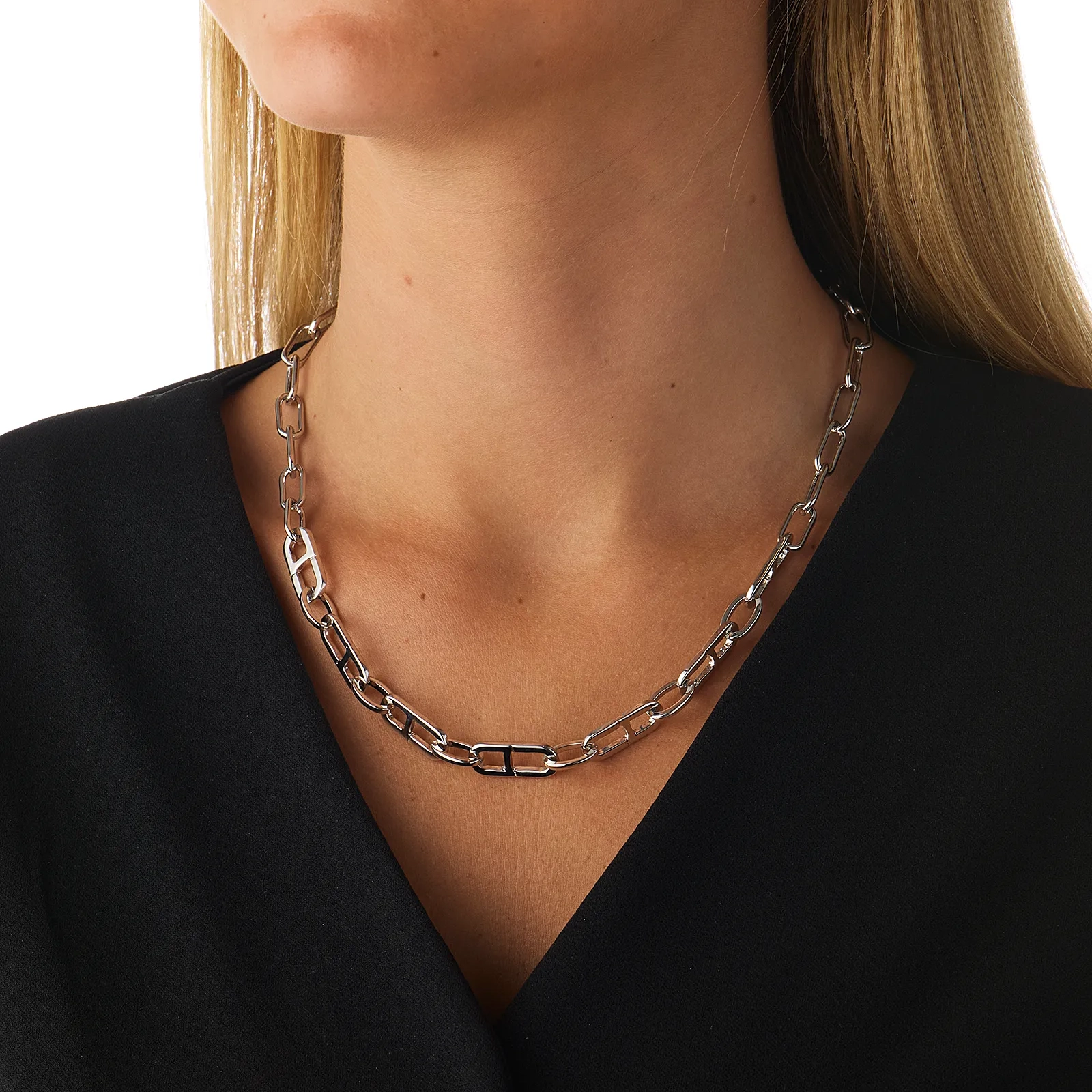 Silverfärgat halsband, pappersklämmelänk - 42+7 cm