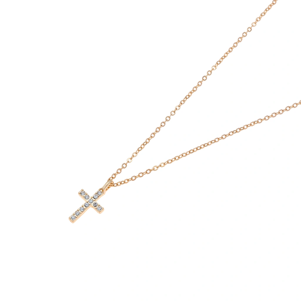 Guldfärgat halsband, kors med glasstenar - 42+7 cm