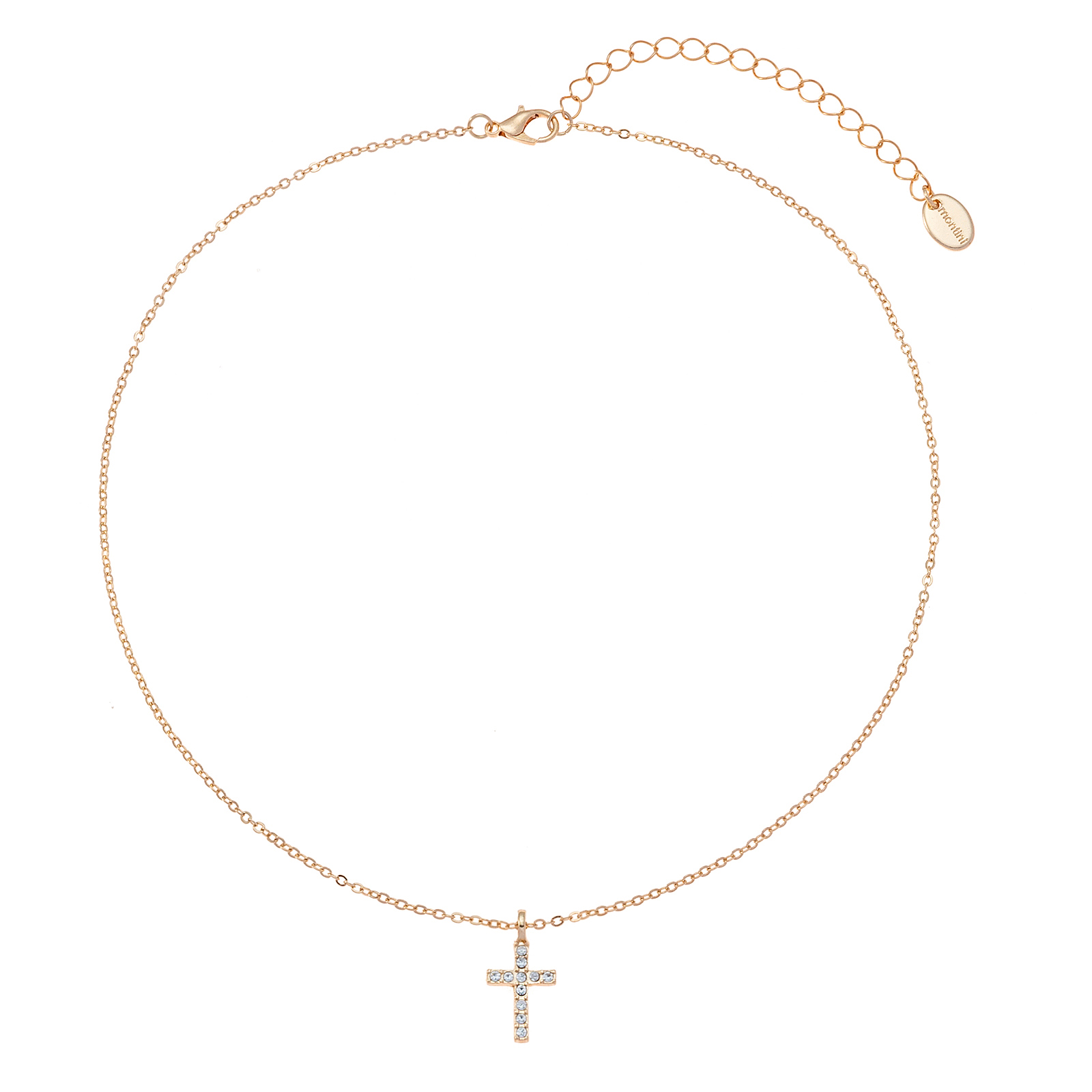 Guldfärgat halsband, kors med glasstenar - 42+7 cm
