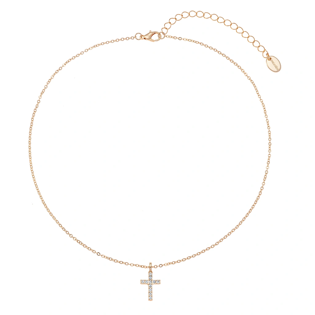 Guldfärgat halsband, kors med glasstenar - 42+7 cm