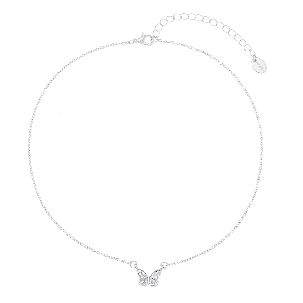 Silverfärgat halsband, fjäril med glasstenar - 42+7cm
