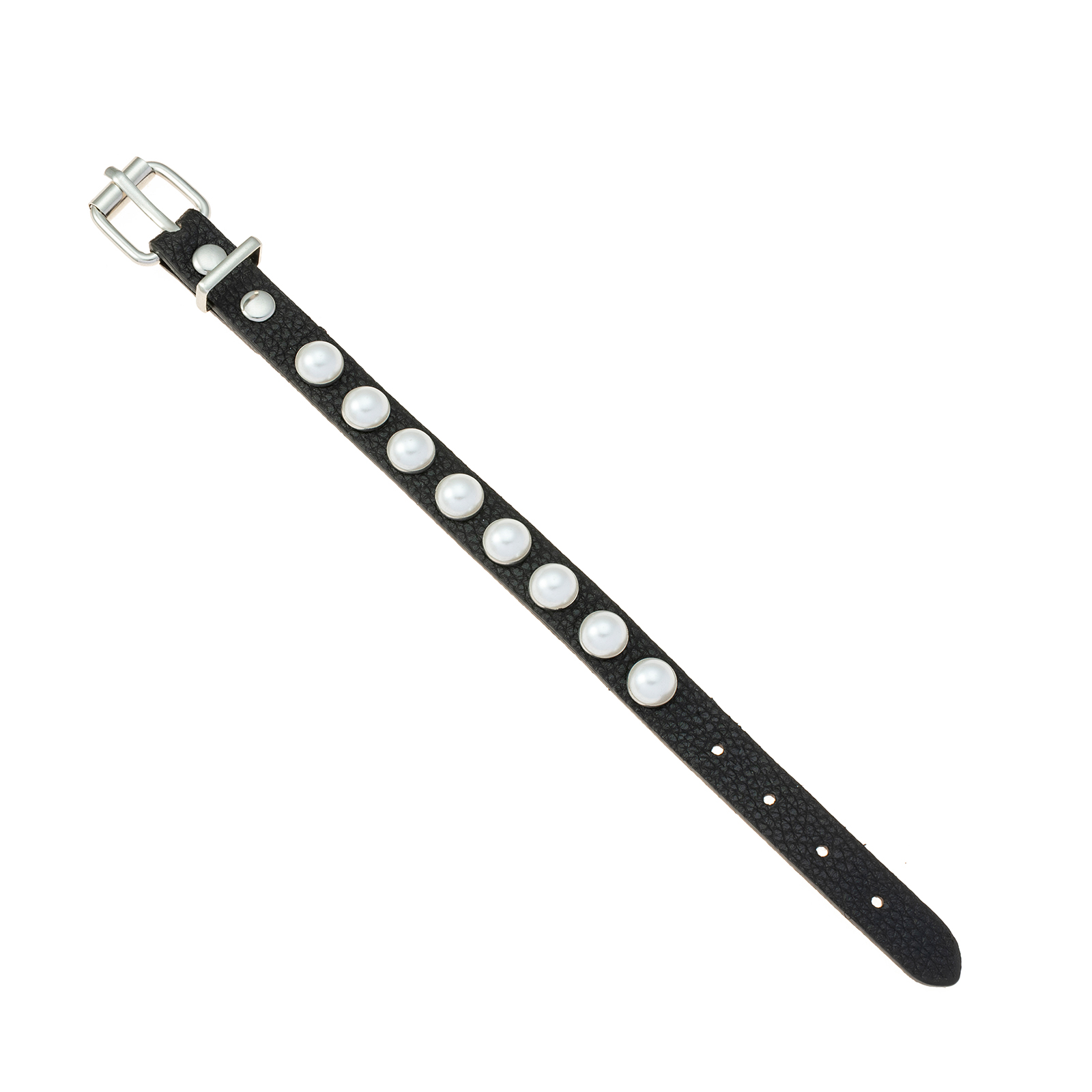 Silverfärgat armband, svart konstläder runda nitar - Justerbart