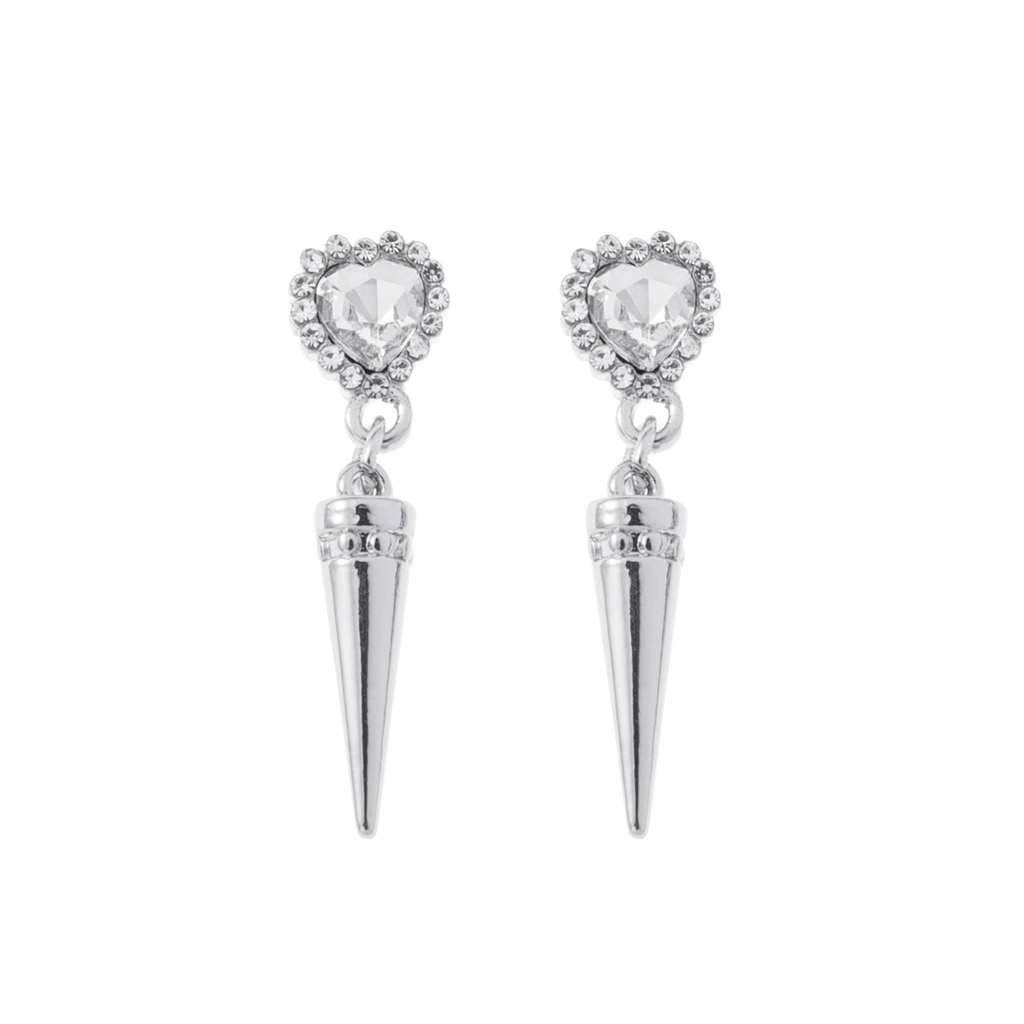 Silverfärgade örhängen, glasstenshjärta, spik - 0,7x3 cm