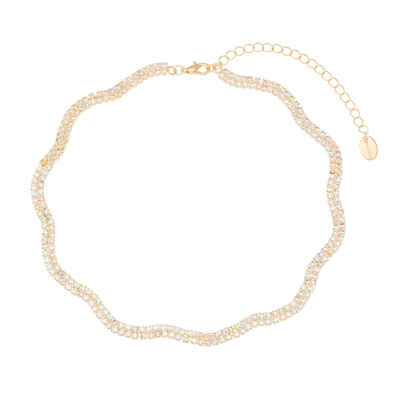 Guldfärgat halsband, vågig dubbelradig glaskristall - 42+7 cm