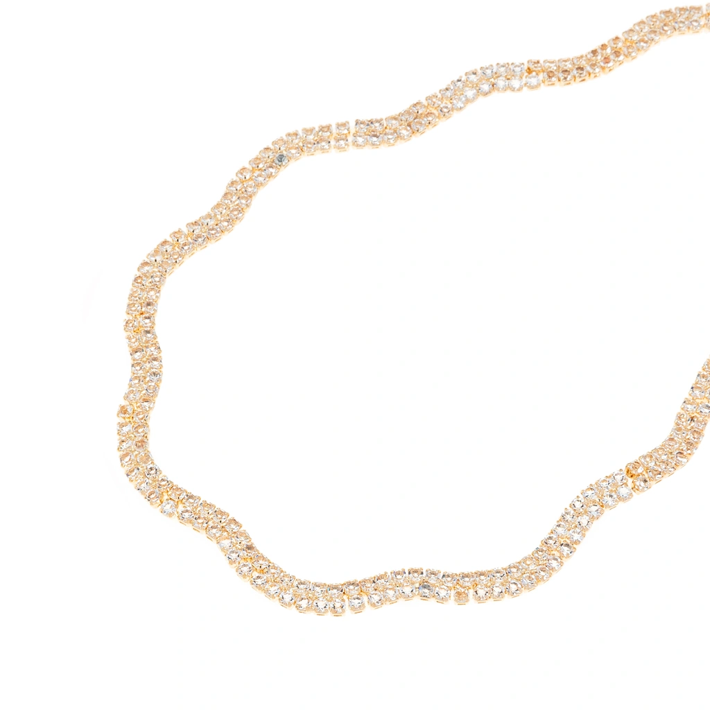 Guldfärgat halsband, vågig dubbelradig glaskristall - 42+7 cm