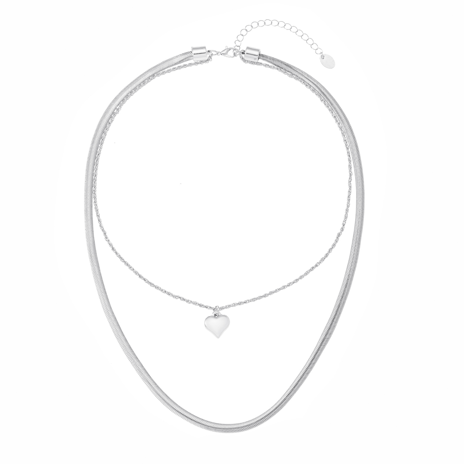 Silverfärgat halsband, dubbelradigt med hjärta - 50+7 cm