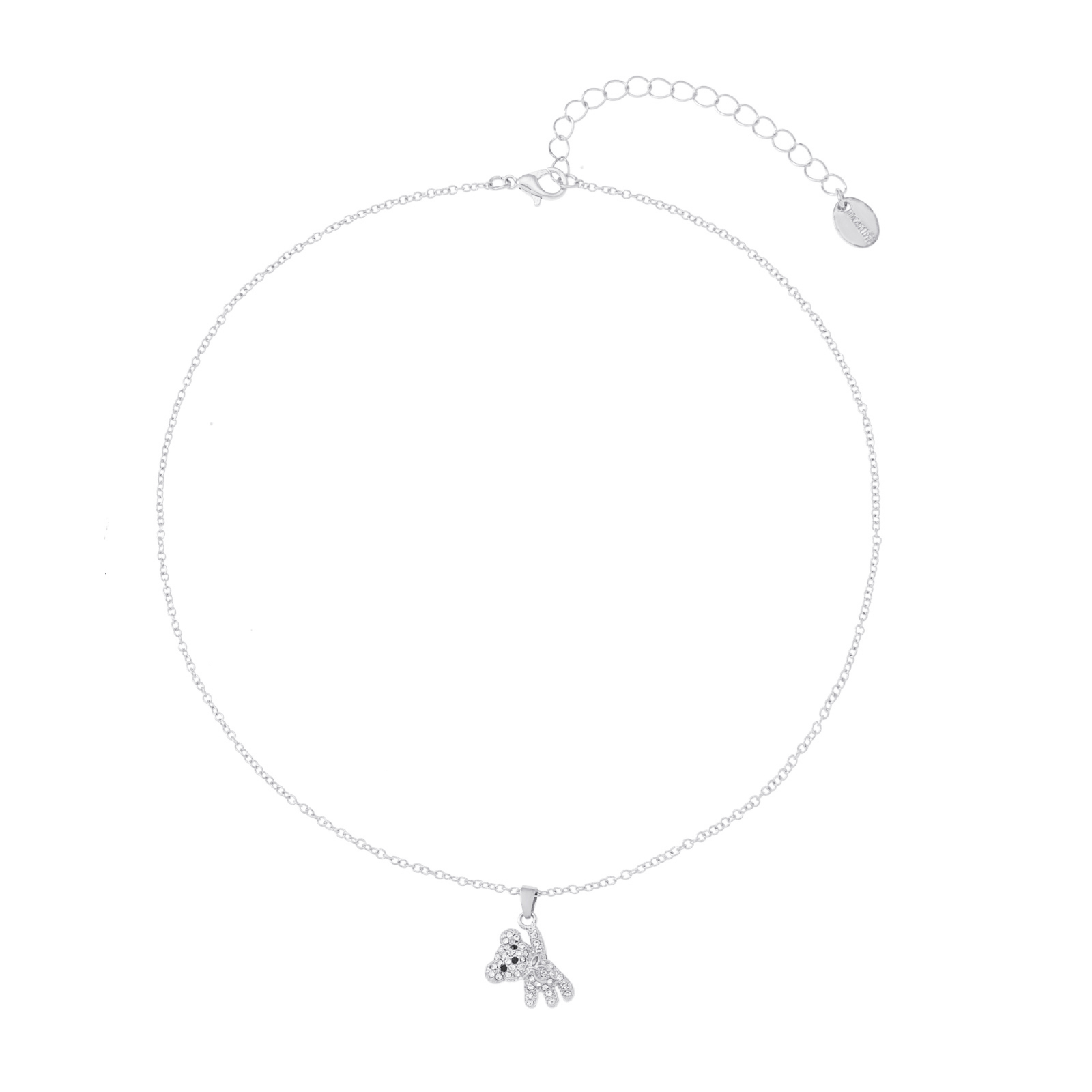 Silverfärgat halsband, nallebjörn med glasstenar - 42+7cm