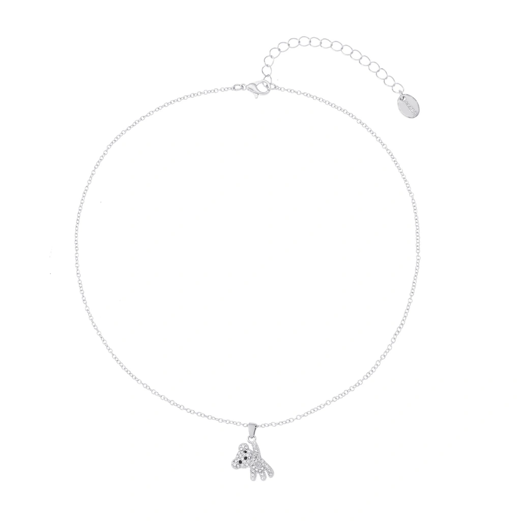 Silverfärgat halsband, nallebjörn med glasstenar - 42+7cm