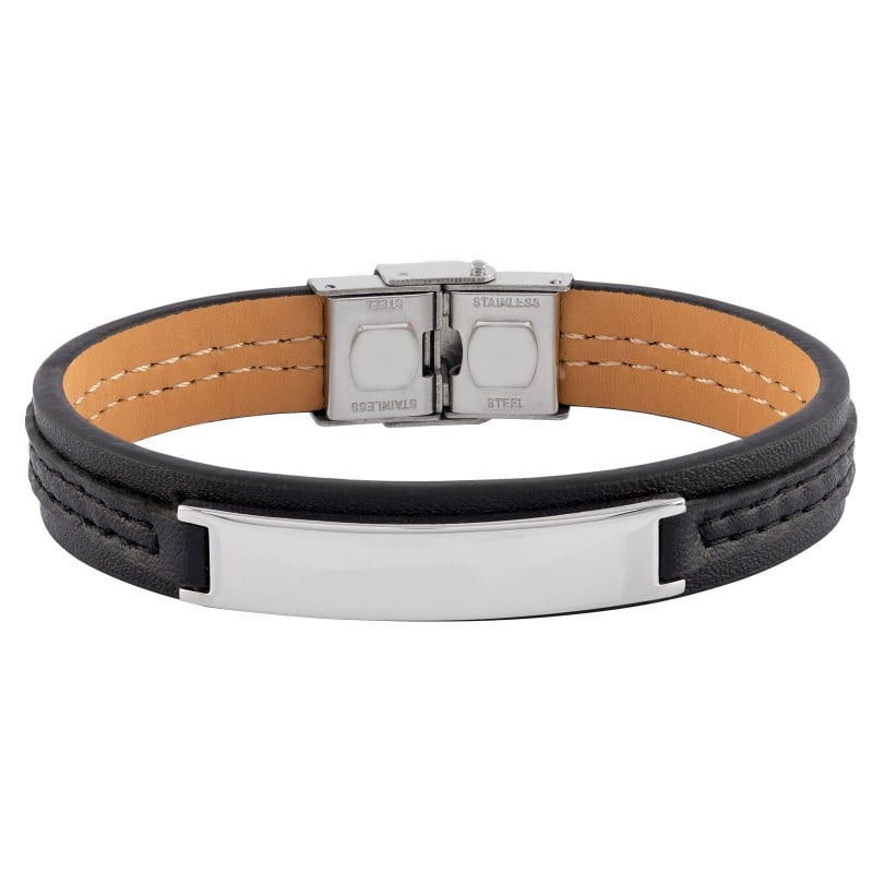 Armband i svart läder och stål med bricka - Herr