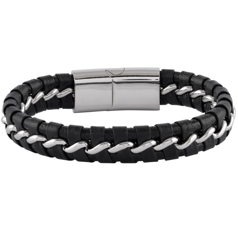 Armband i svart läder och stål - Herr